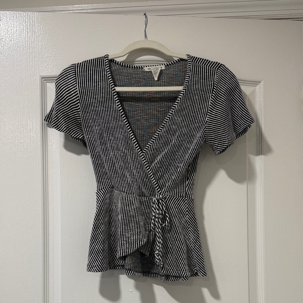 Striped Black and White Wrap Top